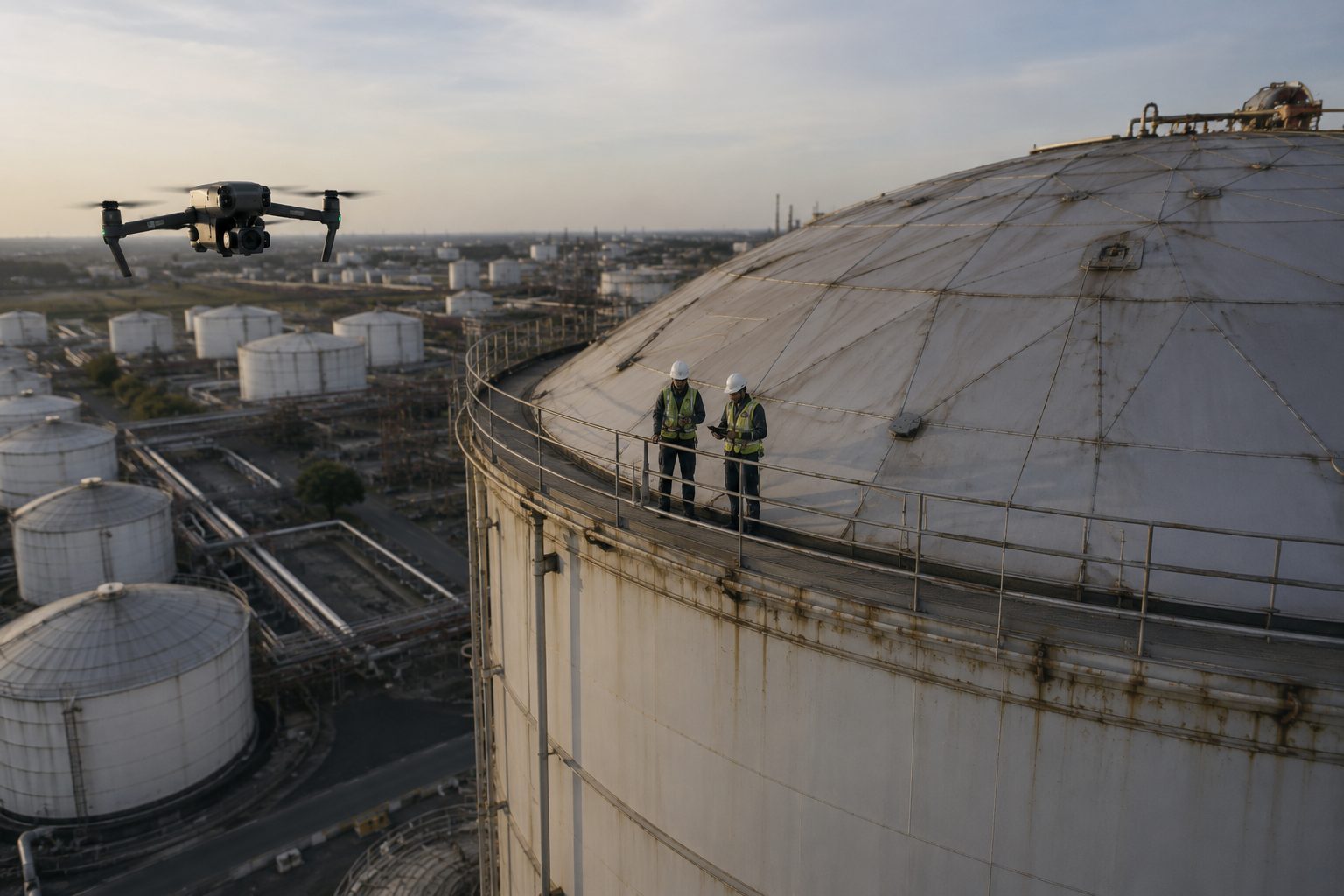 Drone inspecting a storage tank roof